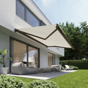 Elektrische Vollkassettenmarkise nach Maß | Braun matt | Ausgefahren im Garten