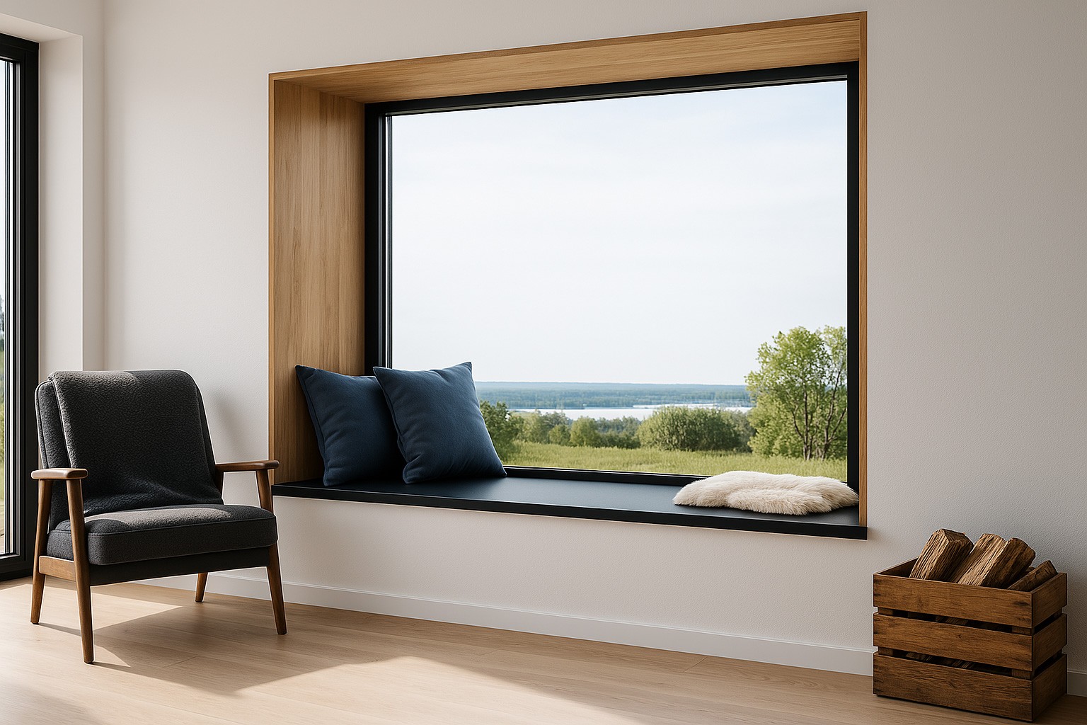 Gemütlicher Wohnraum mit großer Fensterbank in Wildeiche-Dekor und Sitzfläche in Vulkan-Schwarz, zwei dunkelblauen Kissen und einem hellen Fell. Ein moderner grauer Sessel mit Holzbeinen und eine dunkle Holzkiste mit Kaminholz ergänzen das helle Raumkonzept.